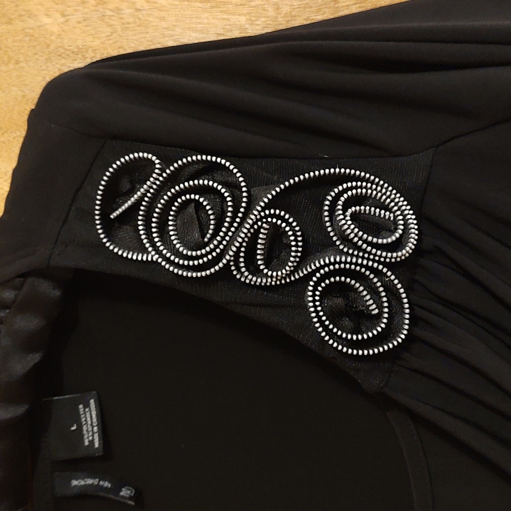 New Directions Stretch Cowl Neck Top Black ¾-Sleeve Ruched Metallic Detail Large - Picture 4 of 9